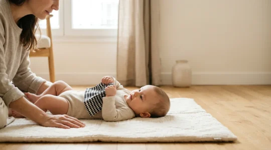 Parent et bébé dans un moment d'éveil sensoriel calme et naturel