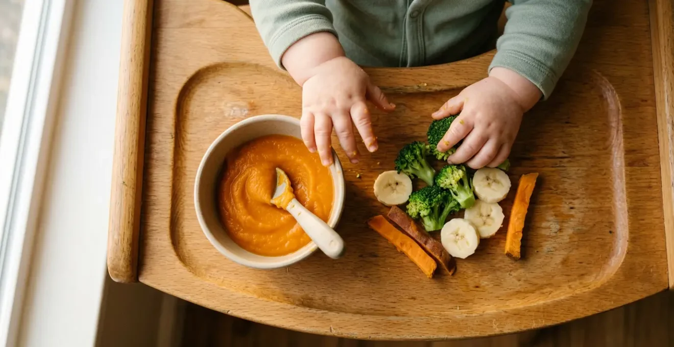 Assiette de bébé lors de la diversification alimentaire avec morceaux et purée
