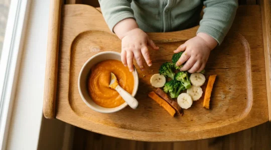 Assiette de bébé lors de la diversification alimentaire avec morceaux et purée
