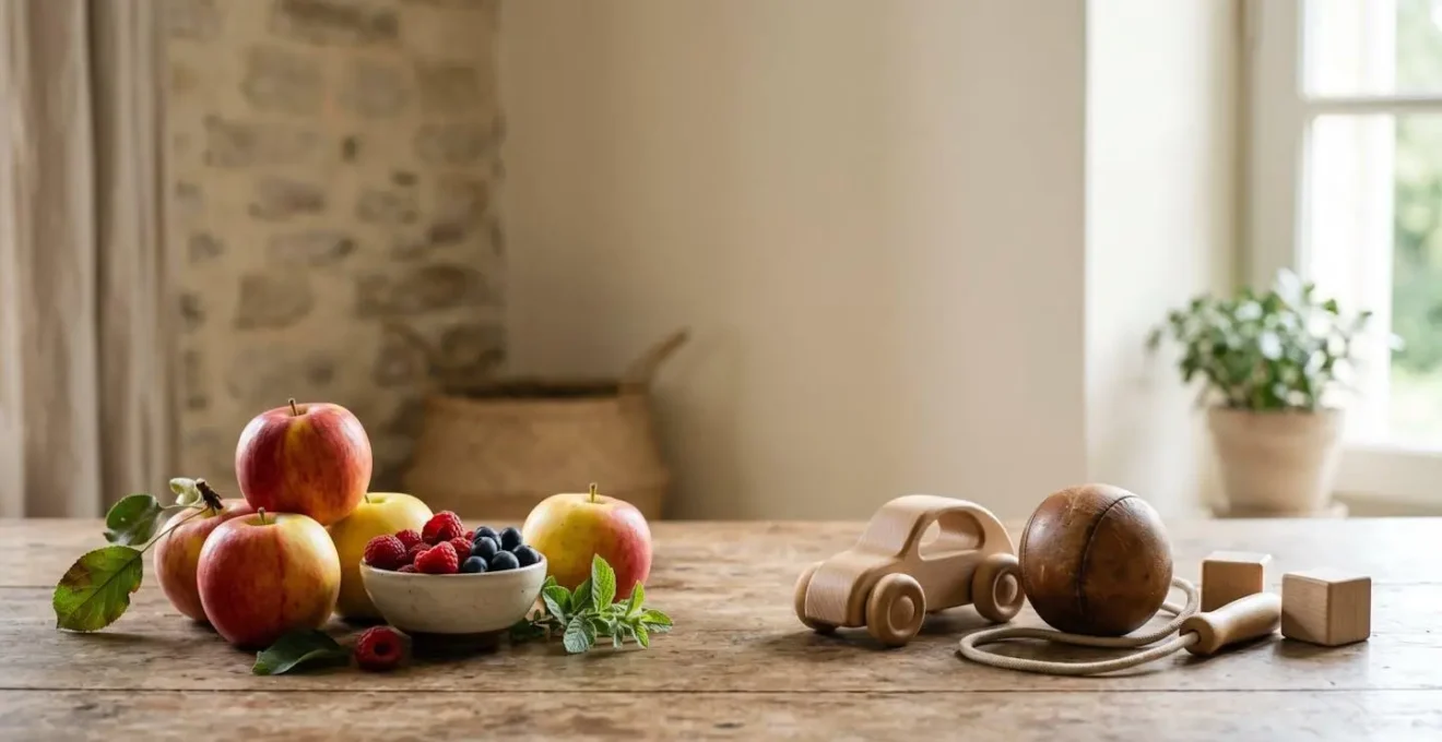 Composition symbolique évoquant l'équilibre entre alimentation et activité physique pour la santé de l'enfant