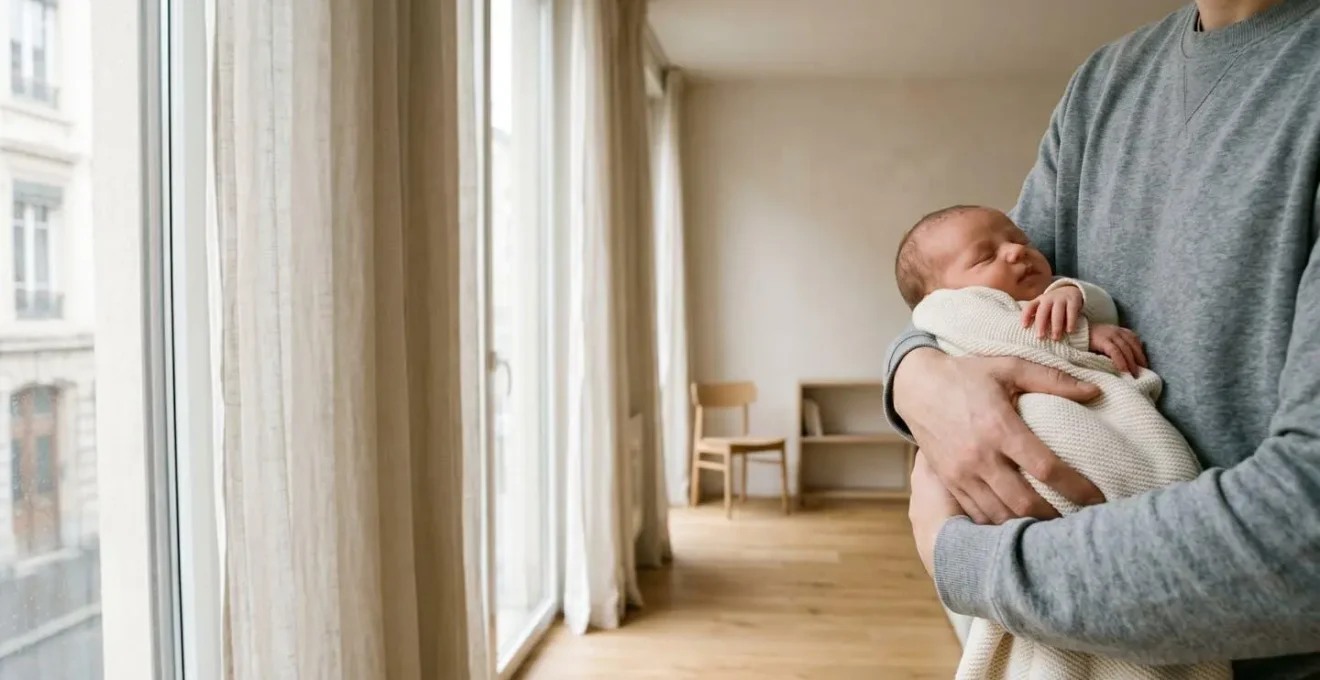 Bébé paisiblement endormi dans les bras d'un parent dans une pièce baignée de lumière naturelle douce