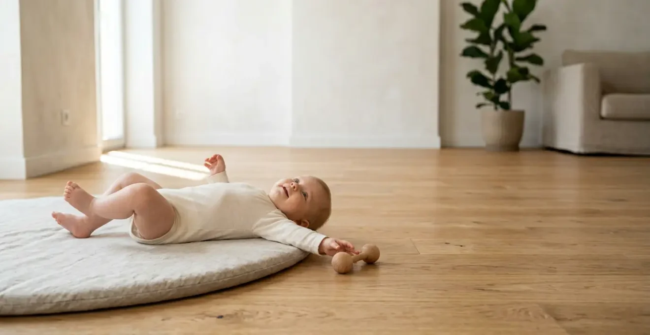 Bebe allonge sur tapis d'eveil explorant librement son environnement en toute autonomie