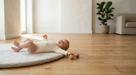Bebe allonge sur tapis d'eveil explorant librement son environnement en toute autonomie