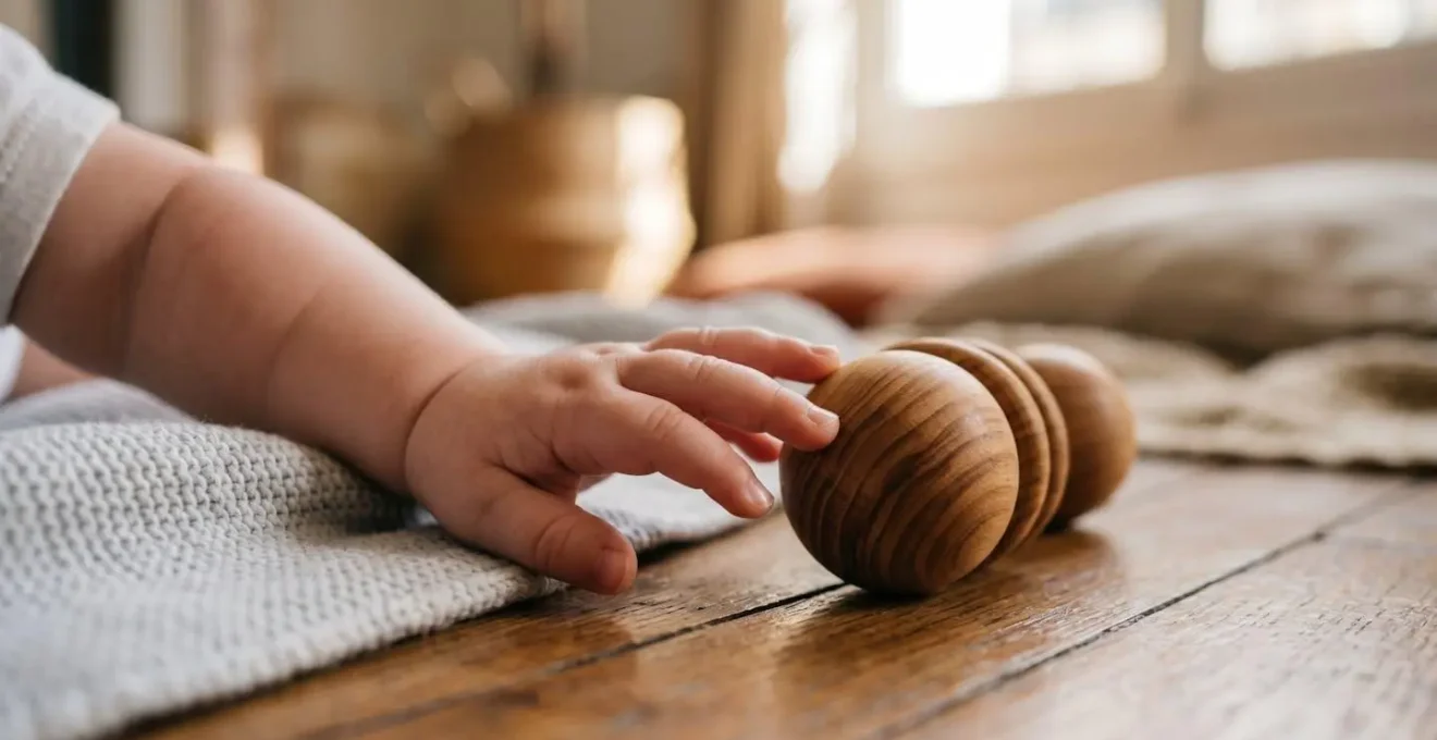 Bébé concentré observant un jouet sensoriel placé stratégiquement sur le côté pour encourager le retournement naturel