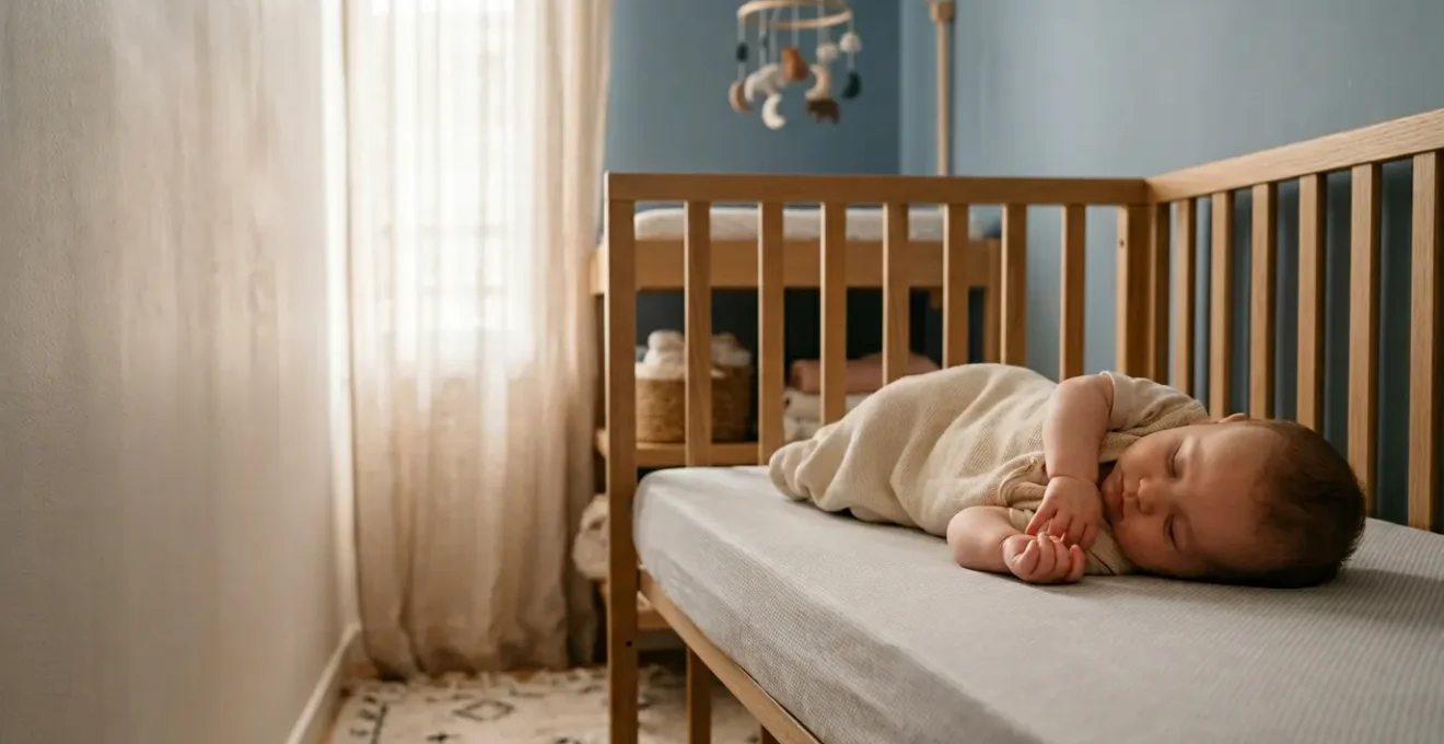 Bébé paisible endormi dans son lit à barreaux dans une chambre baignée de lumière douce