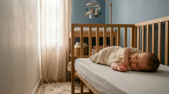 Bébé paisible endormi dans son lit à barreaux dans une chambre baignée de lumière douce