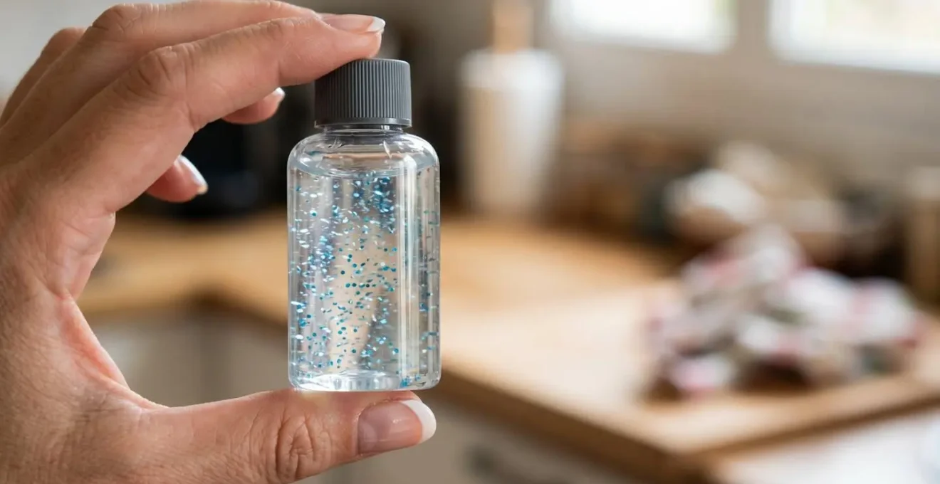 Gros plan sur une bouteille sensorielle artisanale avec paillettes en suspension dans un liquide clair