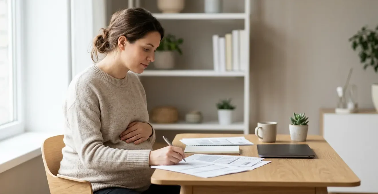 Femme enceinte consultant des documents administratifs liés aux indemnités de maternité en France