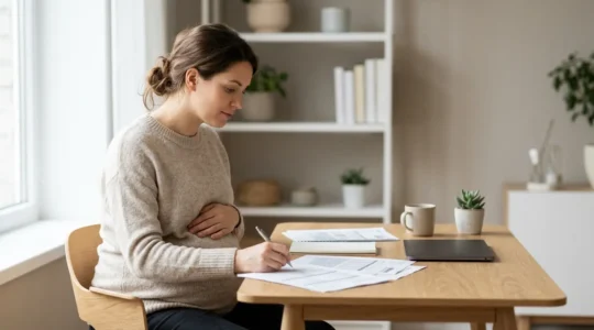 Femme enceinte consultant des documents administratifs liés aux indemnités de maternité en France