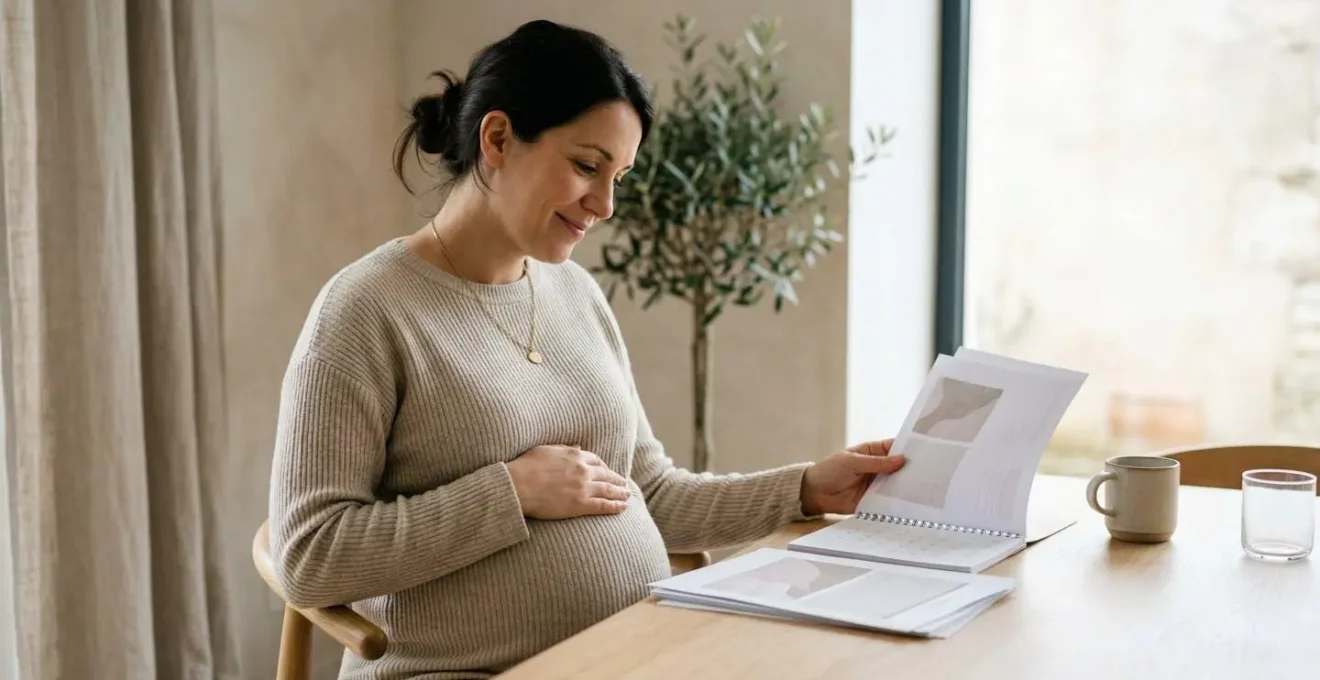 Femme enceinte française organisant son suivi de grossesse avec documents administratifs