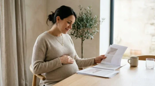 Femme enceinte française organisant son suivi de grossesse avec documents administratifs