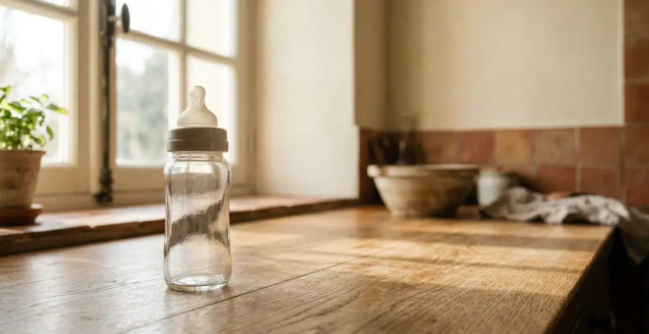 Scène intimiste montrant un biberon en verre transparent avec tétine silicone dans un environnement domestique apaisant, lumière naturelle douce, composition épurée