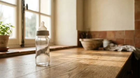 Scène intimiste montrant un biberon en verre transparent avec tétine silicone dans un environnement domestique apaisant, lumière naturelle douce, composition épurée