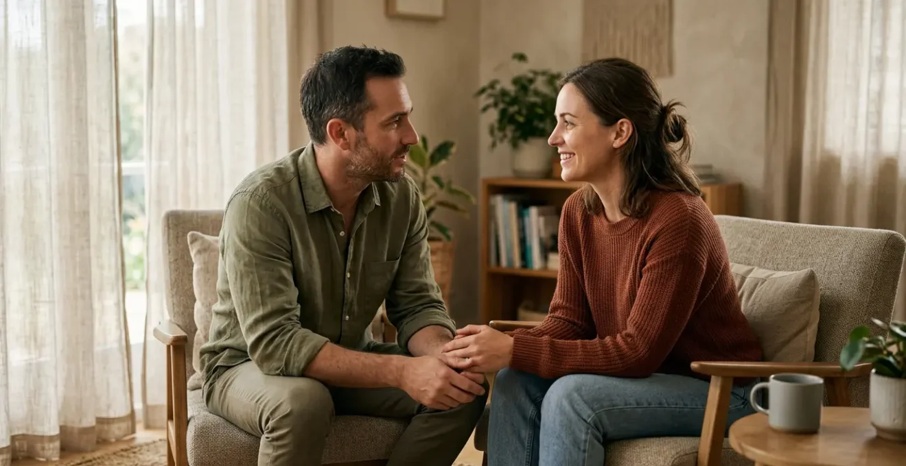 Un couple en discussion intime et bienveillante dans un espace confortable