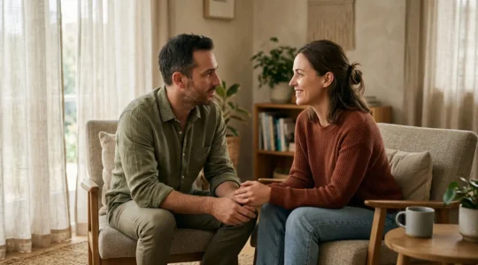 Un couple en discussion intime et bienveillante dans un espace confortable
