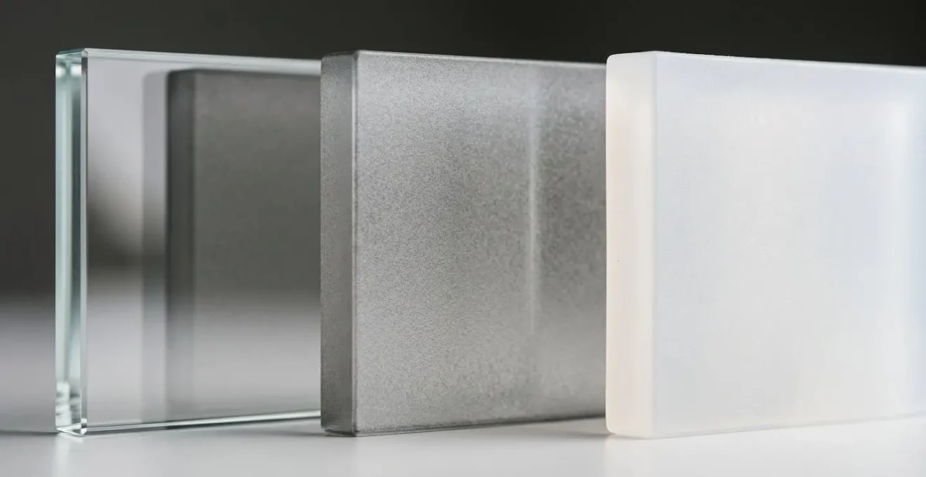 Gros plan macro détaillé sur les textures contrastées de trois matériaux de biberon : verre transparent, plastique PP et silicone médical, lumière contrôlée révélant les propriétés tactiles