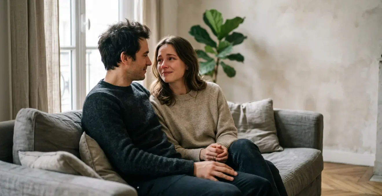 Couple en moment de tendresse et reconnexion intime après la naissance d'un enfant