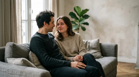 Couple en moment de tendresse et reconnexion intime après la naissance d'un enfant