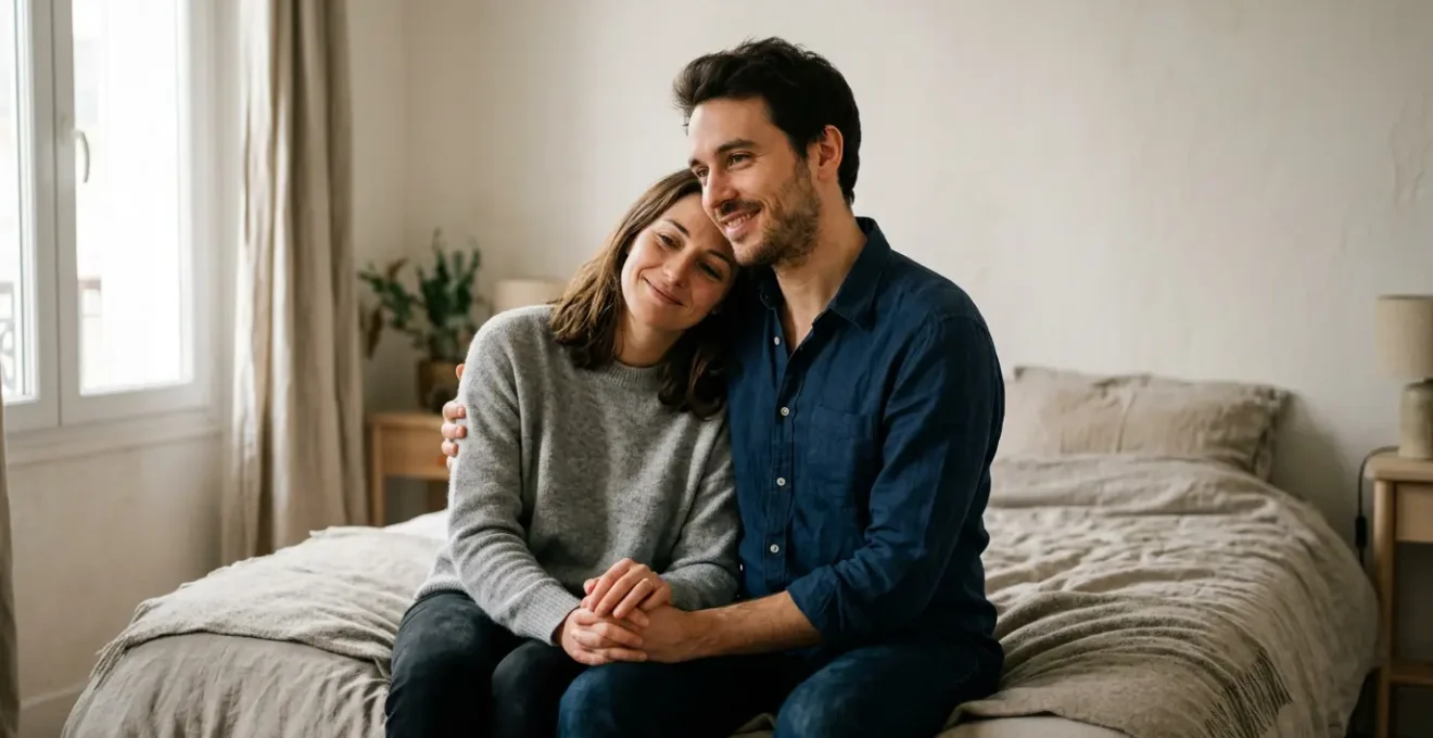 Couple de jeunes parents partageant un moment de complicité pendant que leur enfant dort