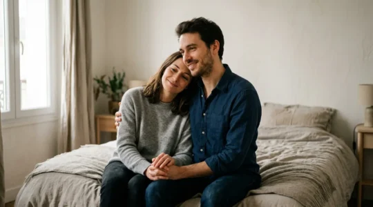 Couple de jeunes parents partageant un moment de complicité pendant que leur enfant dort