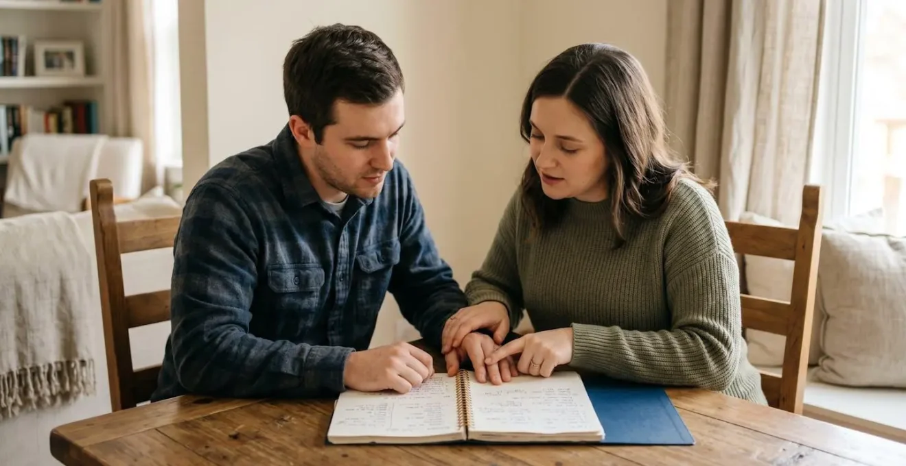 Couple discutant ensemble de leur projet de naissance avec une sage-femme dans une ambiance chaleureuse et bienveillante