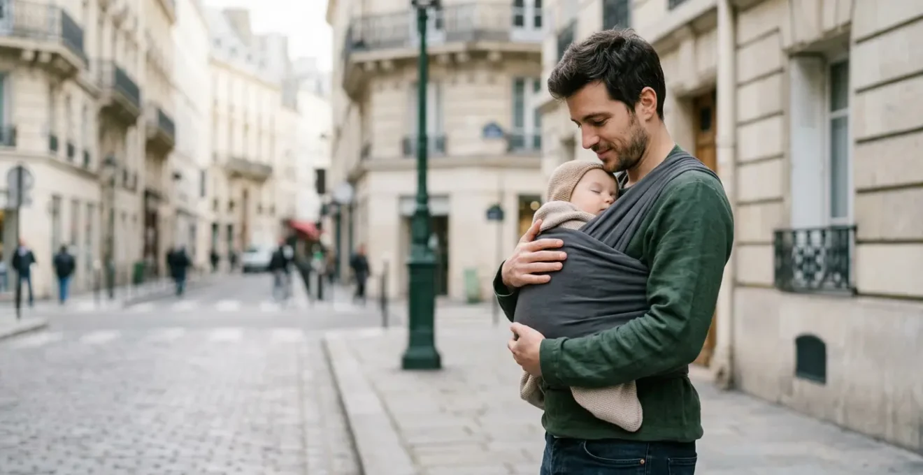 Parent transportant son bébé en milieu urbain avec choix d'équipement de transport