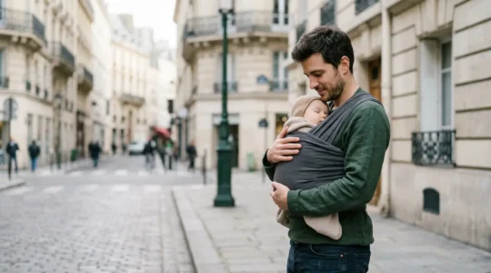 Parent transportant son bébé en milieu urbain avec choix d'équipement de transport