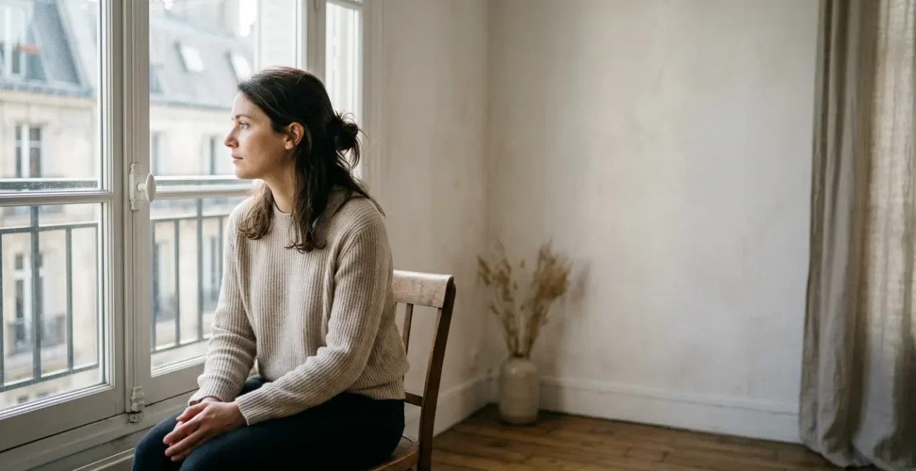 Une jeune mère assise près d'une fenêtre, regard pensif dirigé vers l'extérieur, lumière naturelle douce créant une atmosphère contemplative et introspective