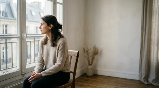 Une jeune mère assise près d'une fenêtre, regard pensif dirigé vers l'extérieur, lumière naturelle douce créant une atmosphère contemplative et introspective
