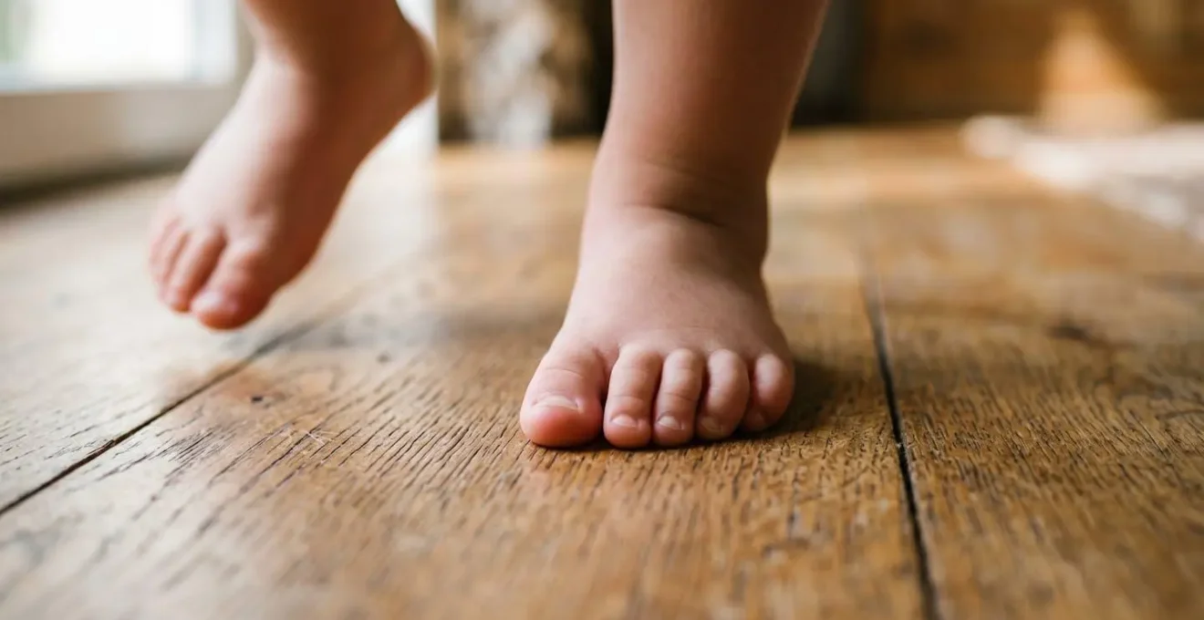 Gros plan sur les petits pieds d'un bébé faisant ses premiers pas sur un sol en bois