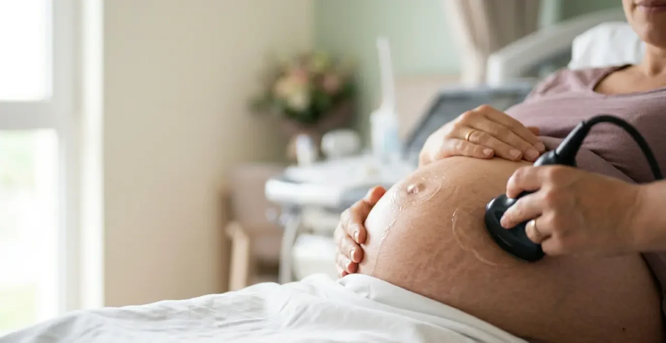 Sonde d'échographie obstétricale posée délicatement sur un ventre de femme enceinte dans un cadre médical français, moment d'examen prénatal intime et rassurant