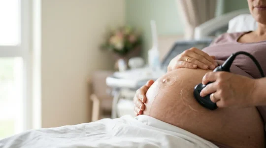 Sonde d'échographie obstétricale posée délicatement sur un ventre de femme enceinte dans un cadre médical français, moment d'examen prénatal intime et rassurant