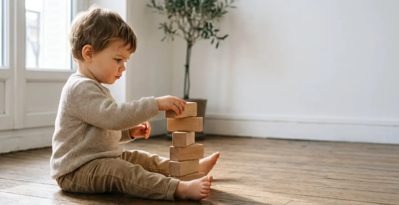 Enfant completement absorbe dans son jeu de construction manifestant concentration profonde