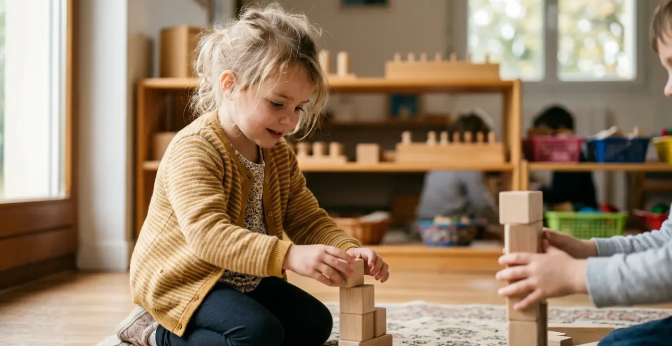 Enfant en pleine découverte lors d'une activité de jeu coopératif en maternelle