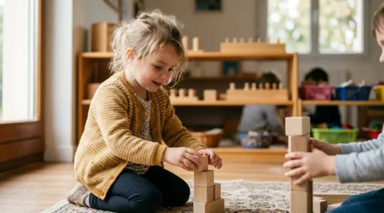 Enfant en pleine découverte lors d'une activité de jeu coopératif en maternelle