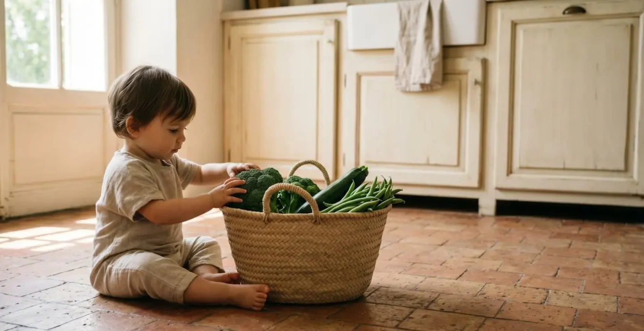 Enfant explorant des légumes verts de manière sensorielle et ludique