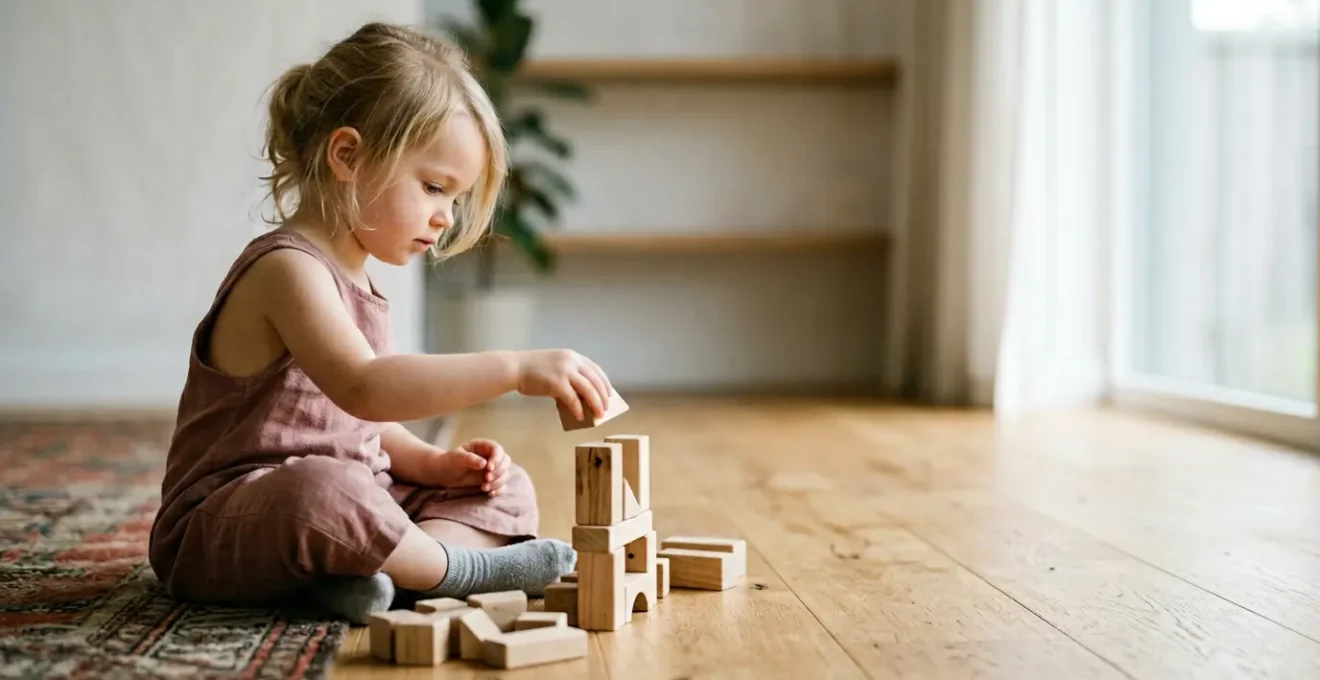 Enfant jouant librement avec des cubes en bois simples dans un espace épuré
