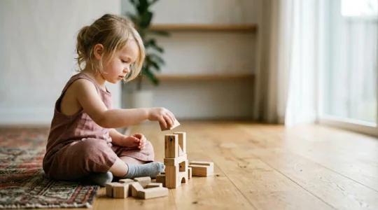 Enfant jouant librement avec des cubes en bois simples dans un espace épuré