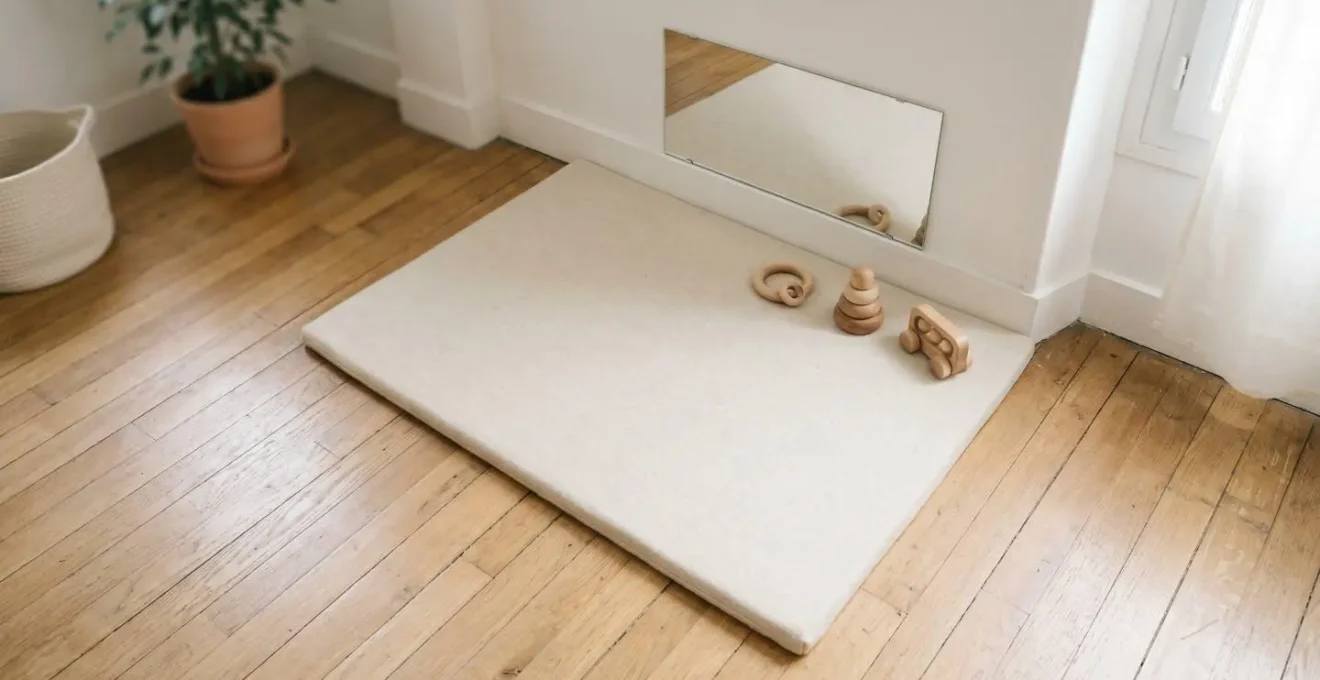 Espace amenage au sol avec tapis ferme miroir et objets simples pour motricite libre