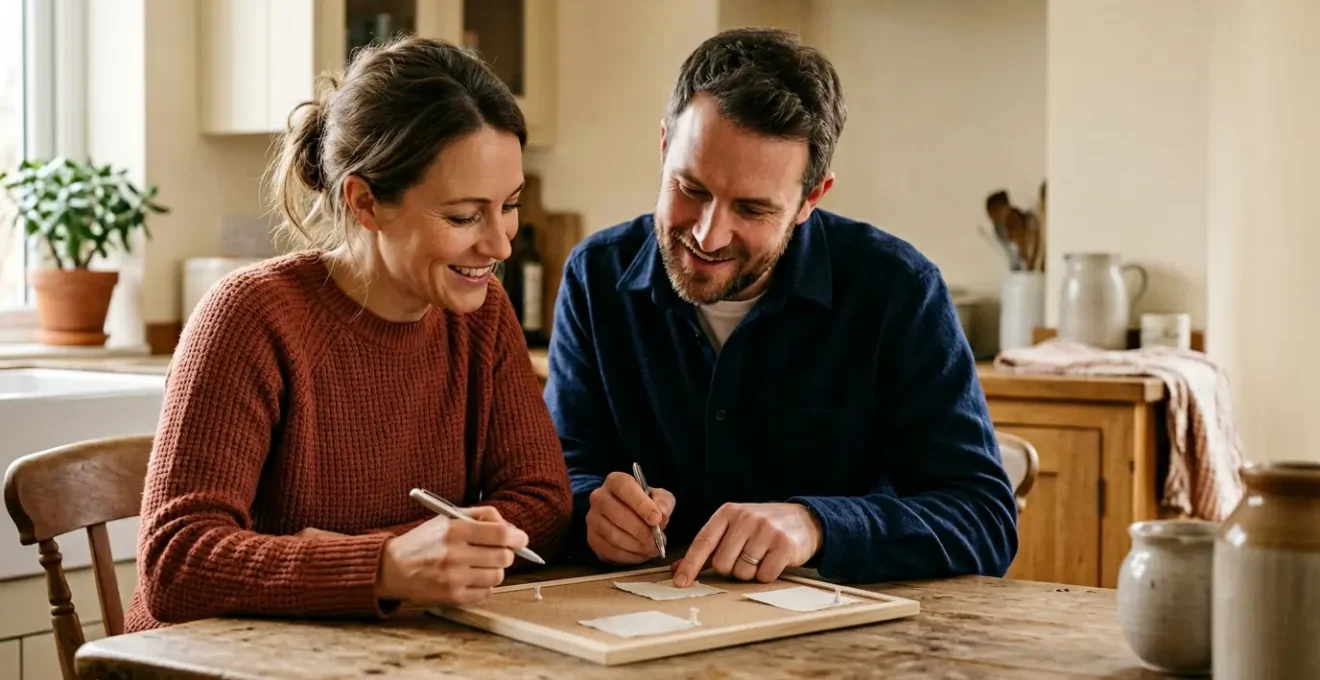 Parents collaborant ensemble dans une ambiance chaleureuse et organisée au sein du foyer familial