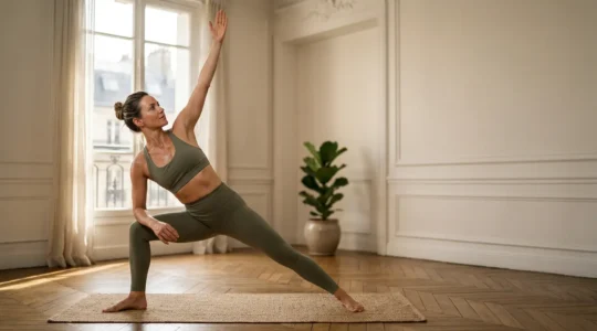Femme dans la quarantaine pratiquant une activité physique en pleine conscience de son bien-être corporel