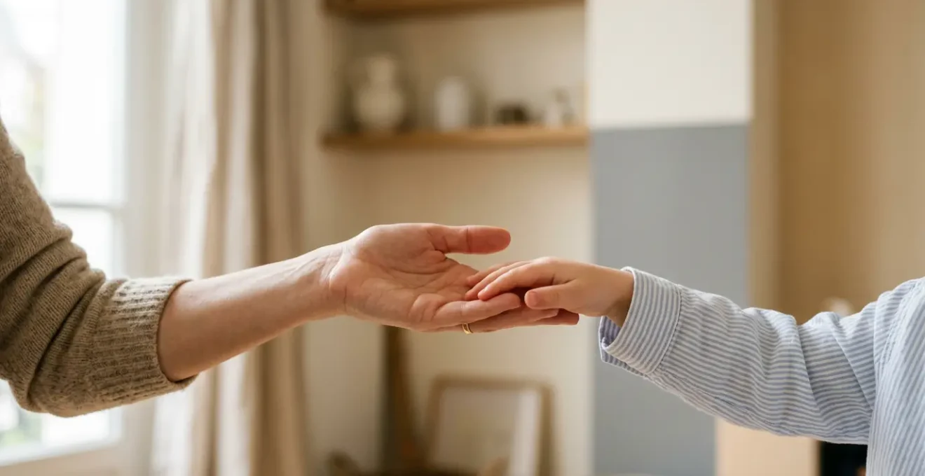 Main tendue d'un adulte vers une petite main d'enfant dans un geste de protection et de bienveillance