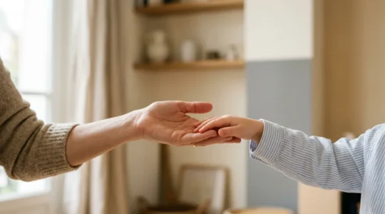Main tendue d'un adulte vers une petite main d'enfant dans un geste de protection et de bienveillance