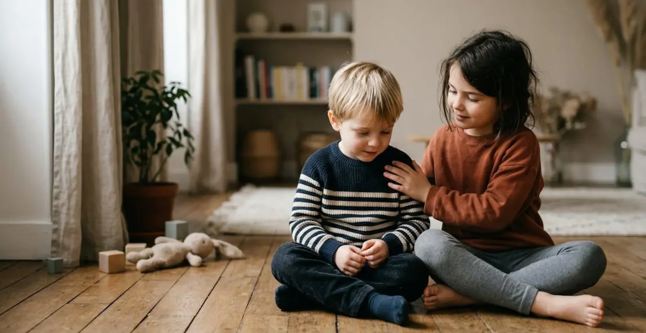 Scène familiale chaleureuse montrant une relation fraternelle apaisée après un conflit