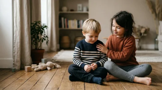 Scène familiale chaleureuse montrant une relation fraternelle apaisée après un conflit