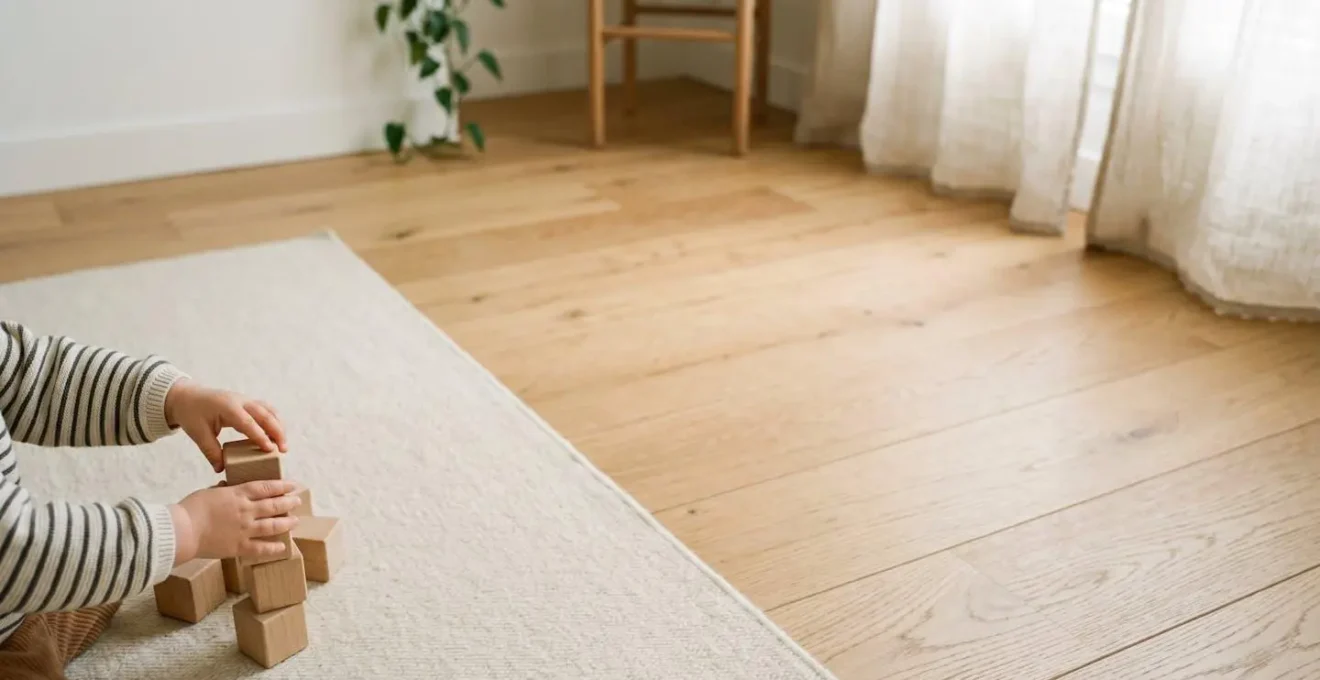 Mains d'enfant manipulant des cubes en bois naturel sur un tapis d'éveil épuré