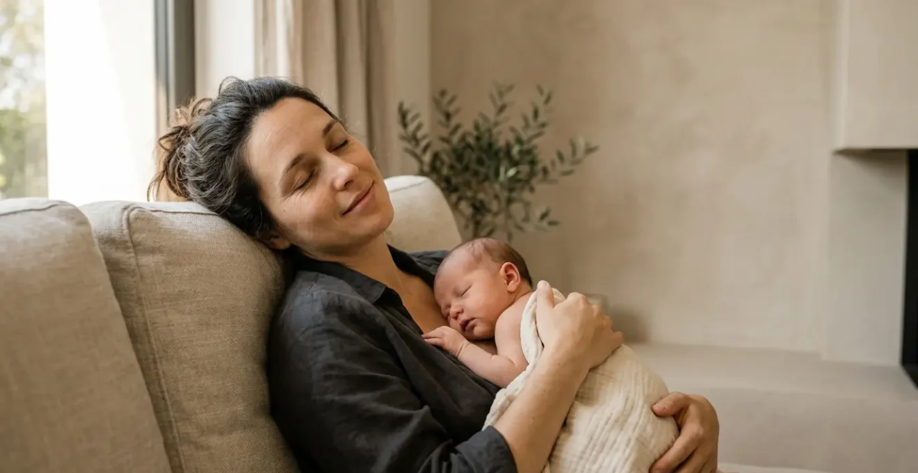 Jeune mère au repos avec son nouveau-né contre elle dans une atmosphère douce et apaisante