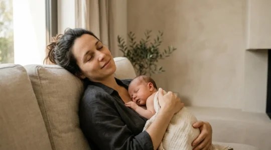 Jeune mère au repos avec son nouveau-né contre elle dans une atmosphère douce et apaisante