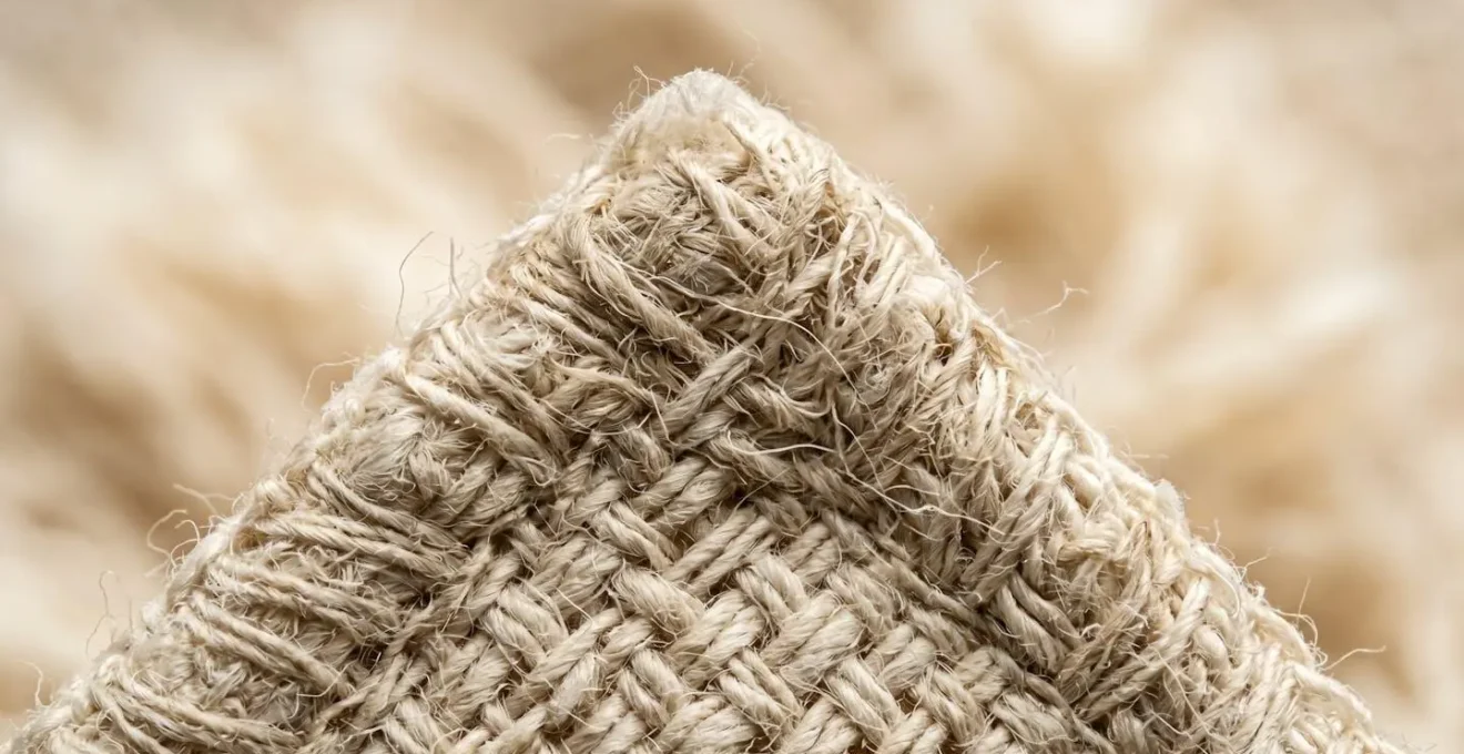 Gros plan macro sur texture de lingette en coton bio et chanvre avec détails des fibres naturelles