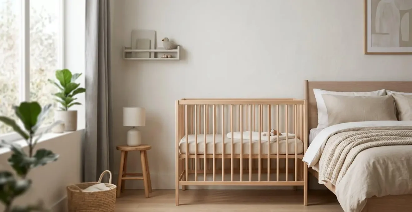 Lit cododo placé à côté du lit parental dans une chambre apaisante illustrant la transition douce du sommeil